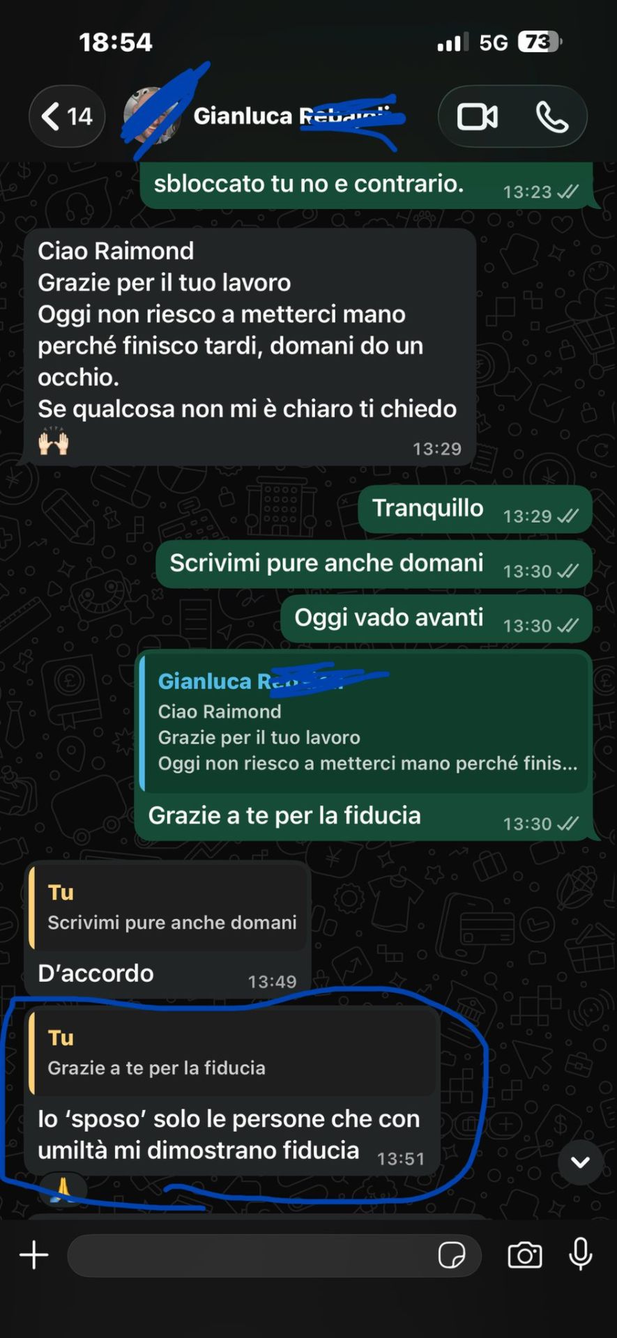 Estratto conversazione WhatsApp con un cliente Katanga Consulting
